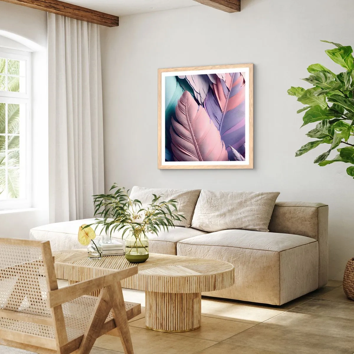 Plakat i ramme af lyst egetræ - Chik fugl - 50x50 cm