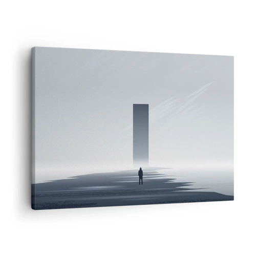 Lærredstryk - Billede på lærred - Et minimalistisk landskab med en silhuet ved siden af en rektangulær monolit - 70x50cm - Mulighed eller trussel? - Moderne vægdekoration til stue og soveværelse ARTTOR