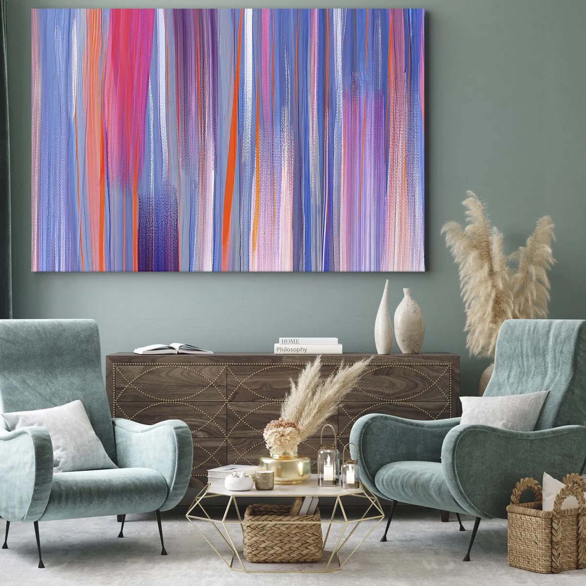 Lærredstryk - Billede på lærred - Abstrakte lodrette linjer i nuancer af blå og lyserød - 70x50cm - Opstigning - Moderne vægdekoration til stue og soveværelse ARTTOR