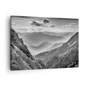 Lærredstryk - Billede på lærred - Sort-hvidt bjerglandskab med skyer over toppene - 70x50cm - Hele vejen til horisonten - Moderne vægdekoration til stue og soveværelse ARTTOR
