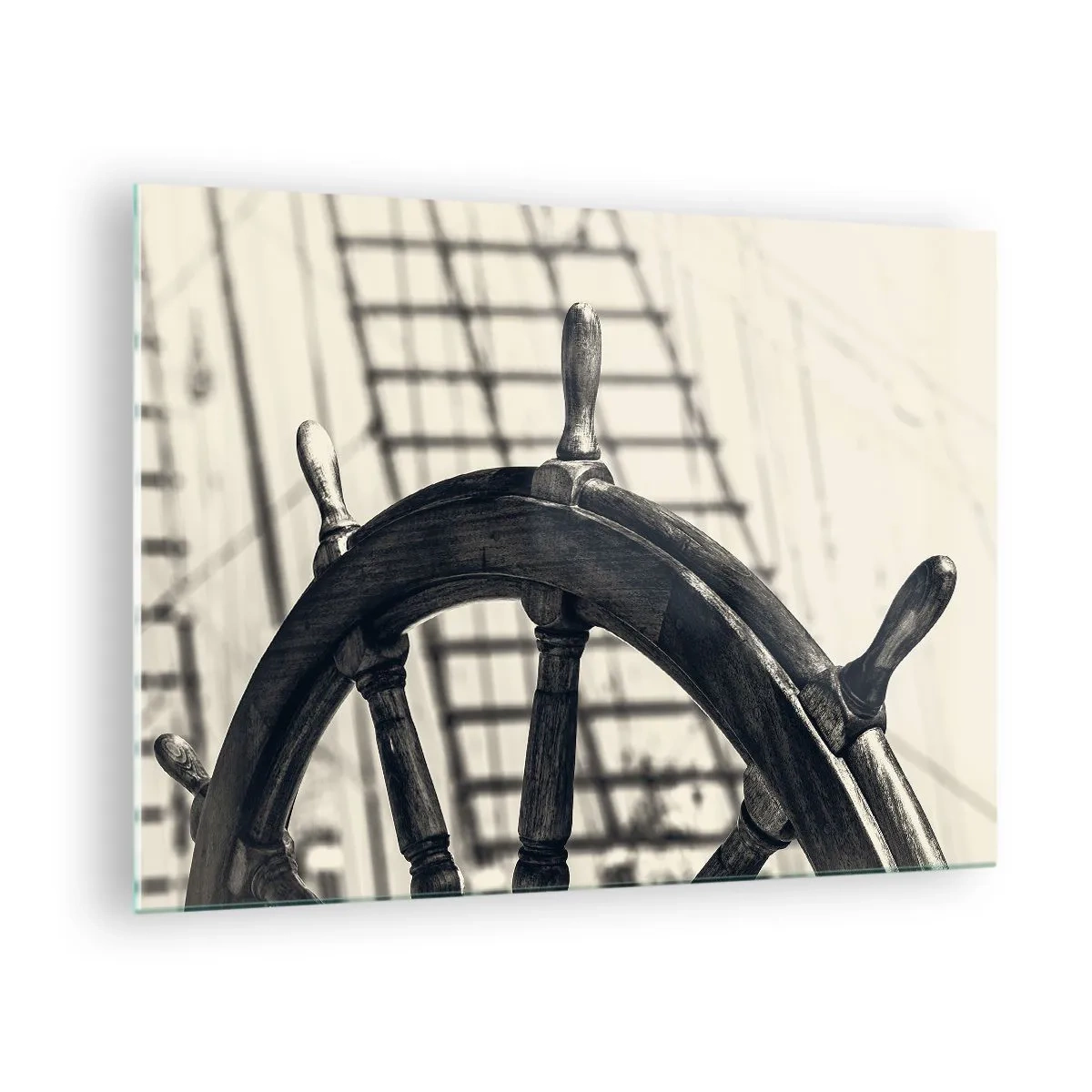 Billede på glas - Sort og hvidt nautisk skibshjul - 70x50cm - Historier om havet - Moderne vægdekoration til stue og soveværelse ARTTOR
