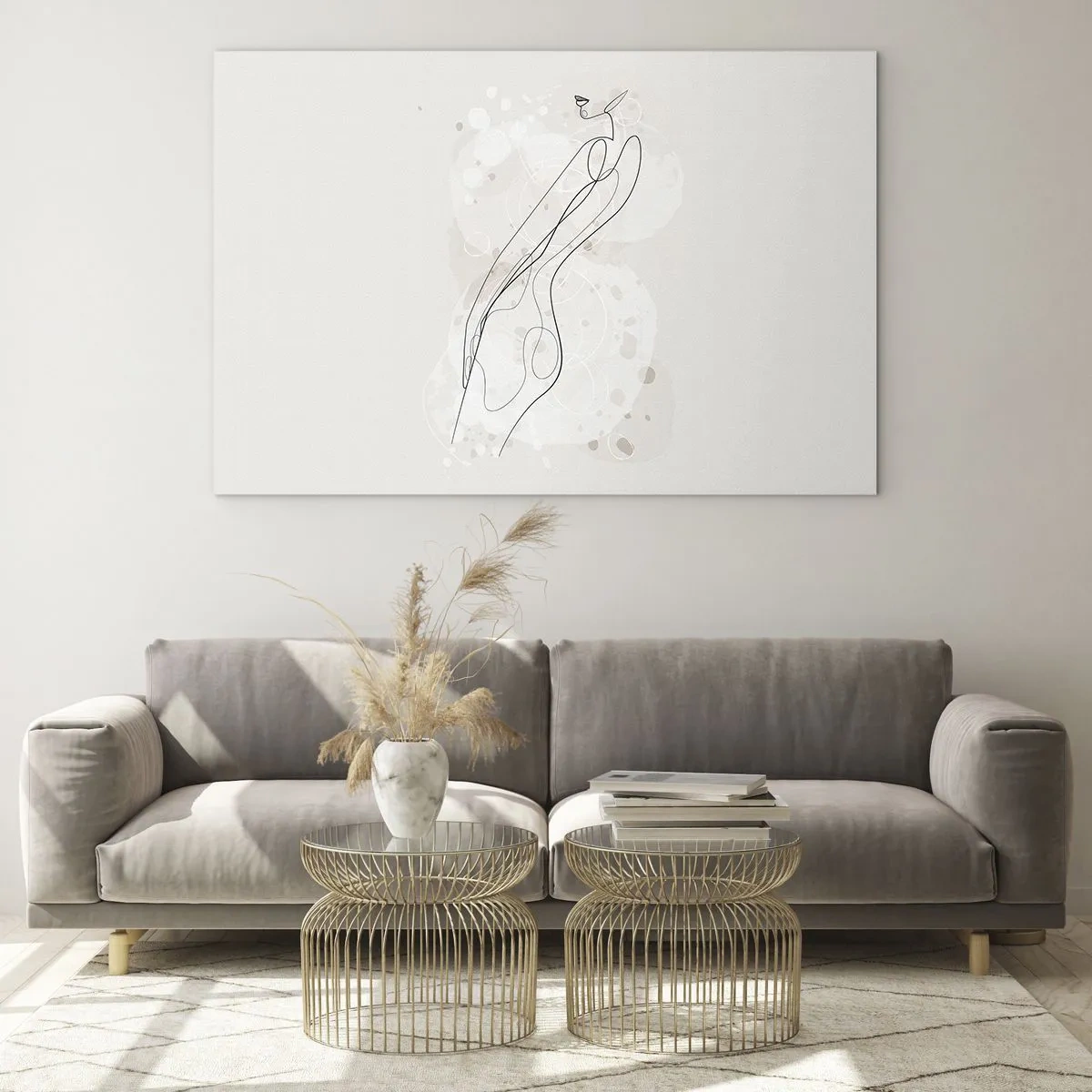 Billede på glas - Kontureret silhuet af en kvinde i beige nuancer - 70x50cm - At forvilde sig med blikket - Moderne vægdekoration til stue og soveværelse ARTTOR