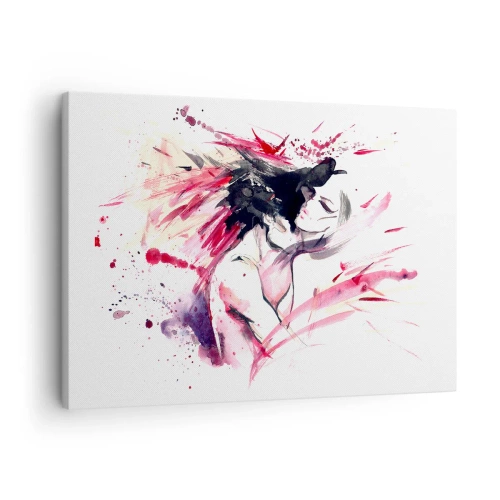 Lærredstryk - Billede på lærred - Abstrakt portræt af en kvinde med dynamiske røde accenter - 70x50cm - Kærlighedsopfyldelse - Moderne vægdekoration til stue og soveværelse ARTTOR