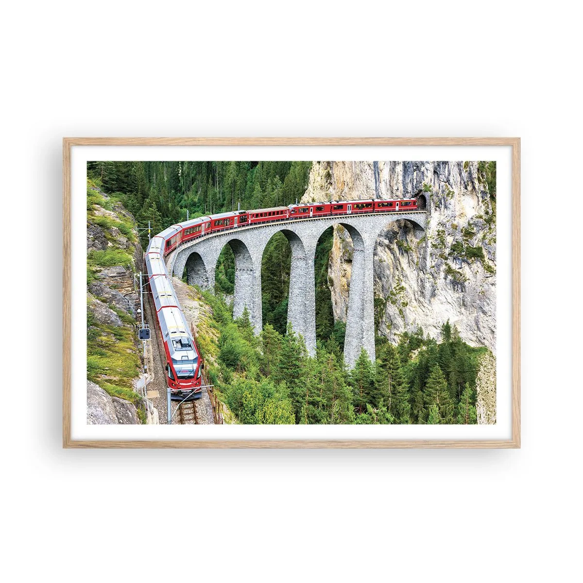 Plakat i ramme af lyst egetræ - Udsigt over bjergene til gengæld - 91x61 cm