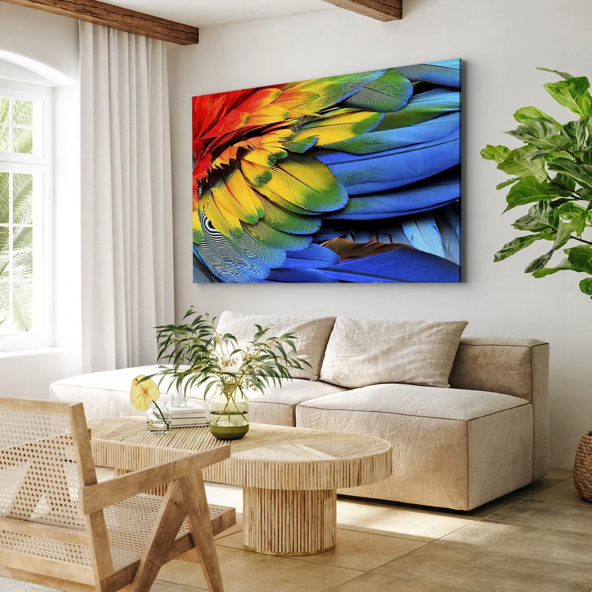 Lærredstryk - Billede på lærred - Et nærbillede af en papegøjes farverige fjer - 70x50cm - Paradisfugl - Moderne vægdekoration til stue og soveværelse ARTTOR