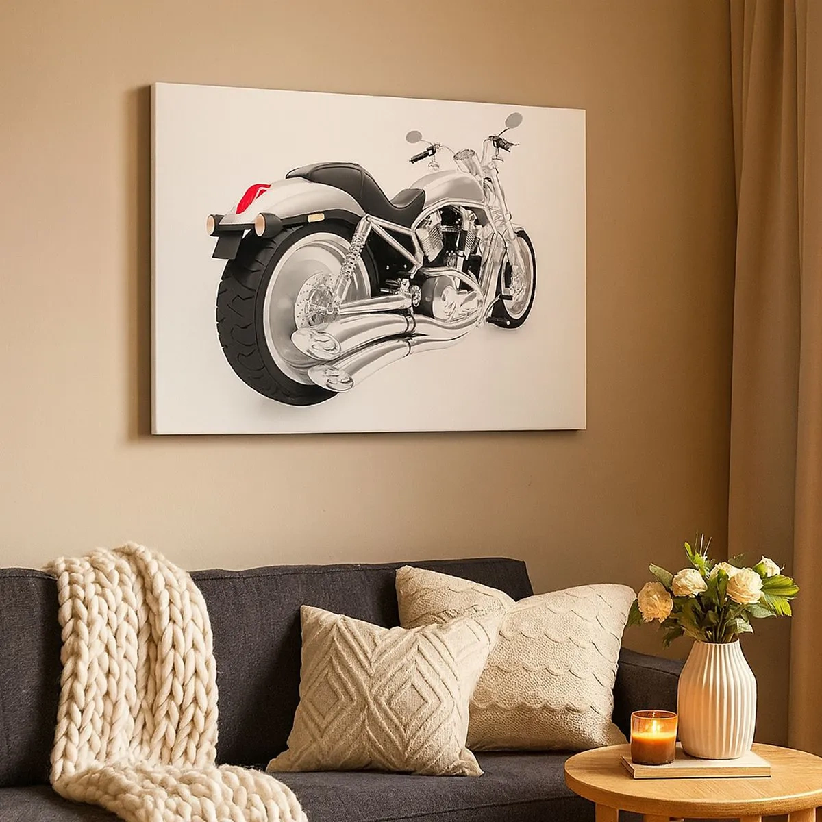 Lærredstryk - Billede på lærred - Krom motorcykel på hvid baggrund - 70x50cm - En drøm for samlere - Moderne vægdekoration til stue og soveværelse ARTTOR