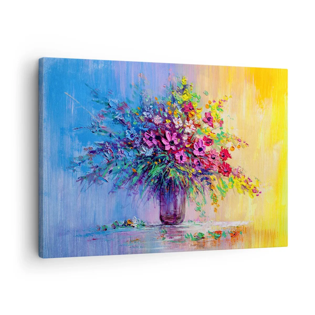 Lærredstryk - Billede på lærred - En farverig buket blomster i en vase mod en gradient baggrund - 70x50cm - Gave fra en sommereng - Moderne vægdekoration til stue og soveværelse ARTTOR