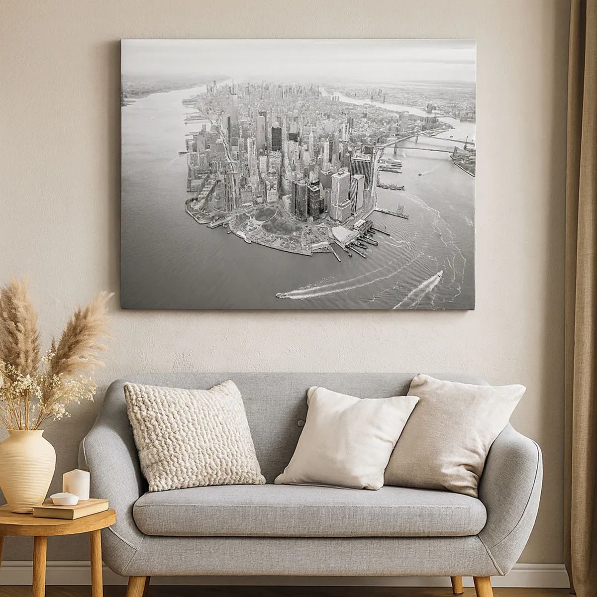 Lærredstryk - Billede på lærred - Luftfoto af Manhattan i sort-hvid - 70x50cm - Hvordan kan man ikke elske? - Moderne vægdekoration til stue og soveværelse ARTTOR