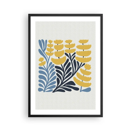 Plakat i sort ramme - Stiliserede gule og marineblå blomster i minimalistisk stil - 50x70cm - Solrig seng - Moderne vægdekoration til stue og soveværelse ARTTOR