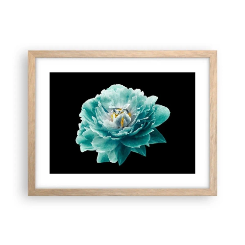 Plakat i ramme af lyst egetræ - Blå og gyldne kronblade - 40x30 cm