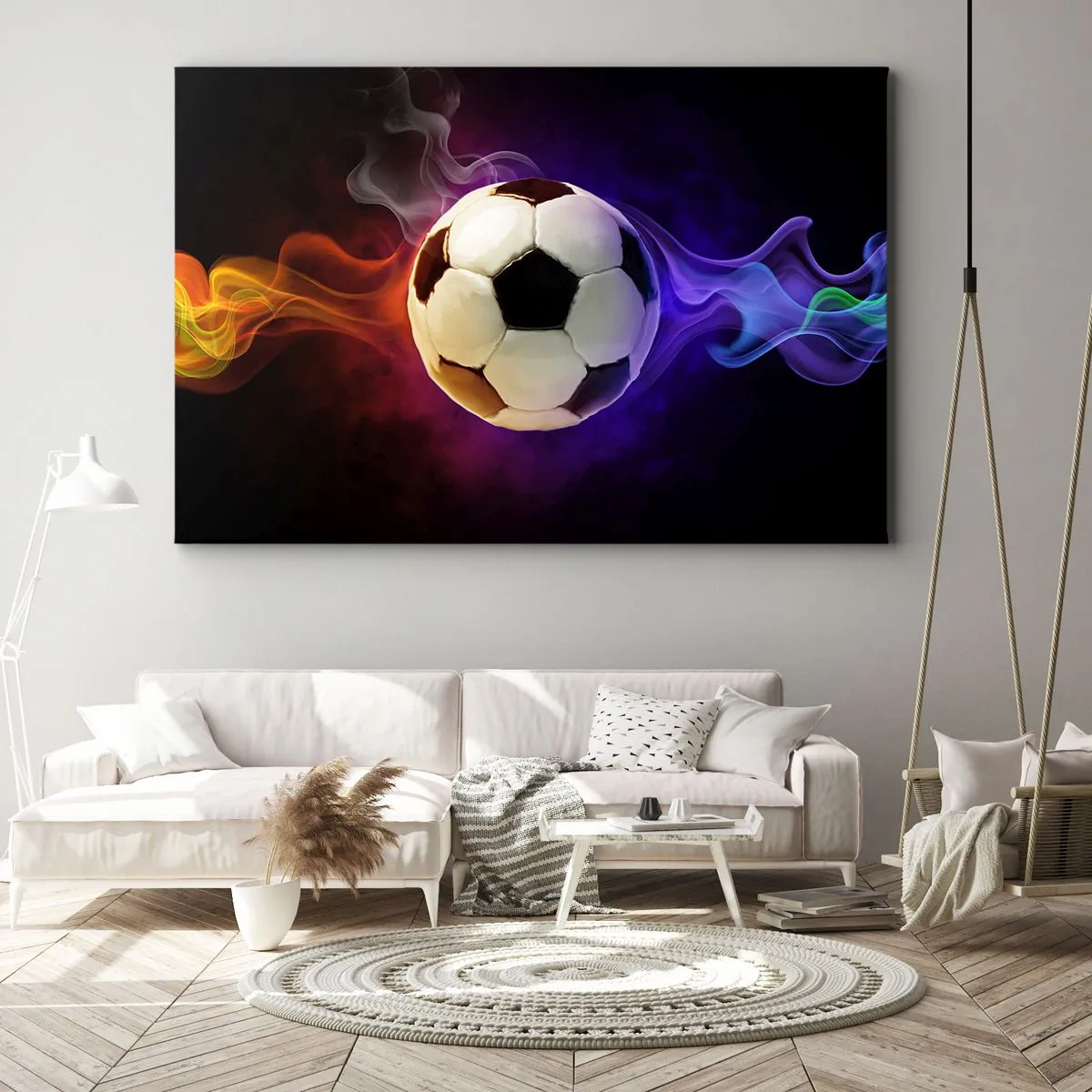Lærredstryk - Billede på lærred - En fodbold omgivet af farverige røgeffekter på en mørk baggrund. - 70x50cm - Spillets magiske kraft - Moderne vægdekoration til stue og soveværelse ARTTOR