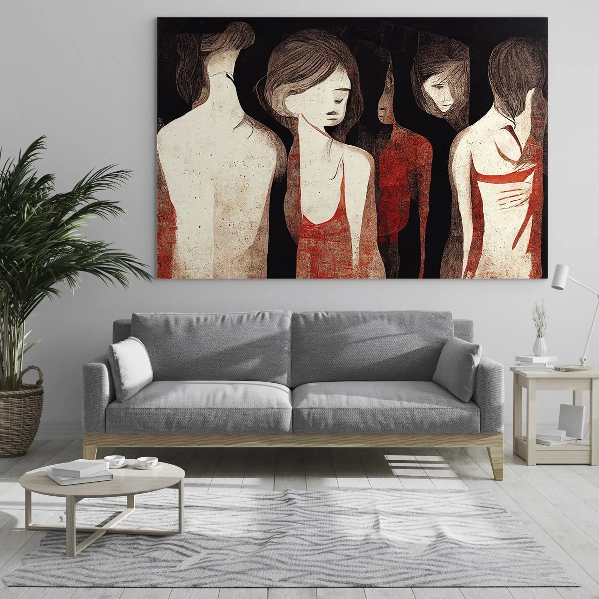 Billede på glas - Abstrakte kvindelige silhuetter i rødt på en sort baggrund - 70x50cm - Mørkets madonnaer - Moderne vægdekoration til stue og soveværelse ARTTOR