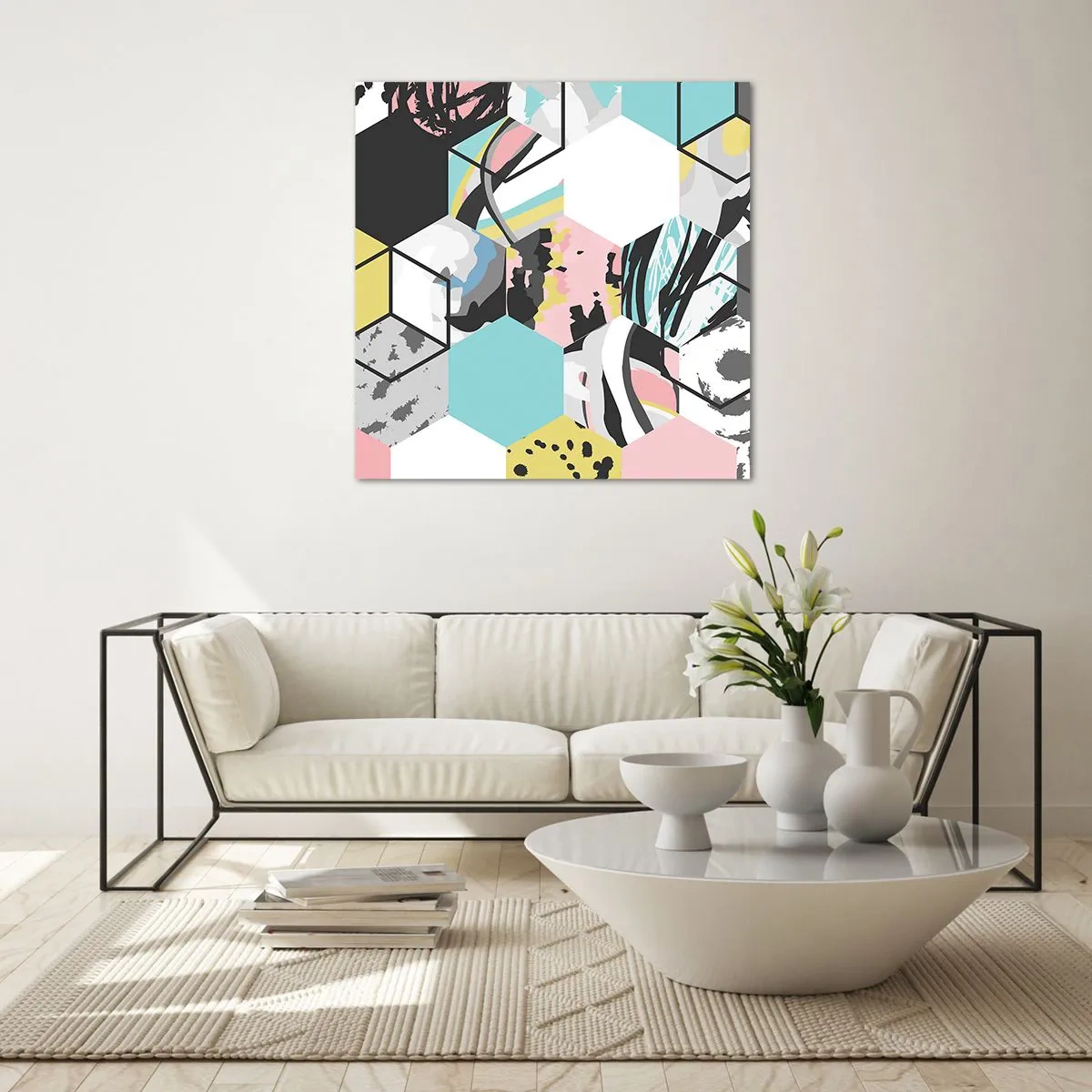 Billede på glas - Sekskanter og terninger i seks farver - 60x60 cm