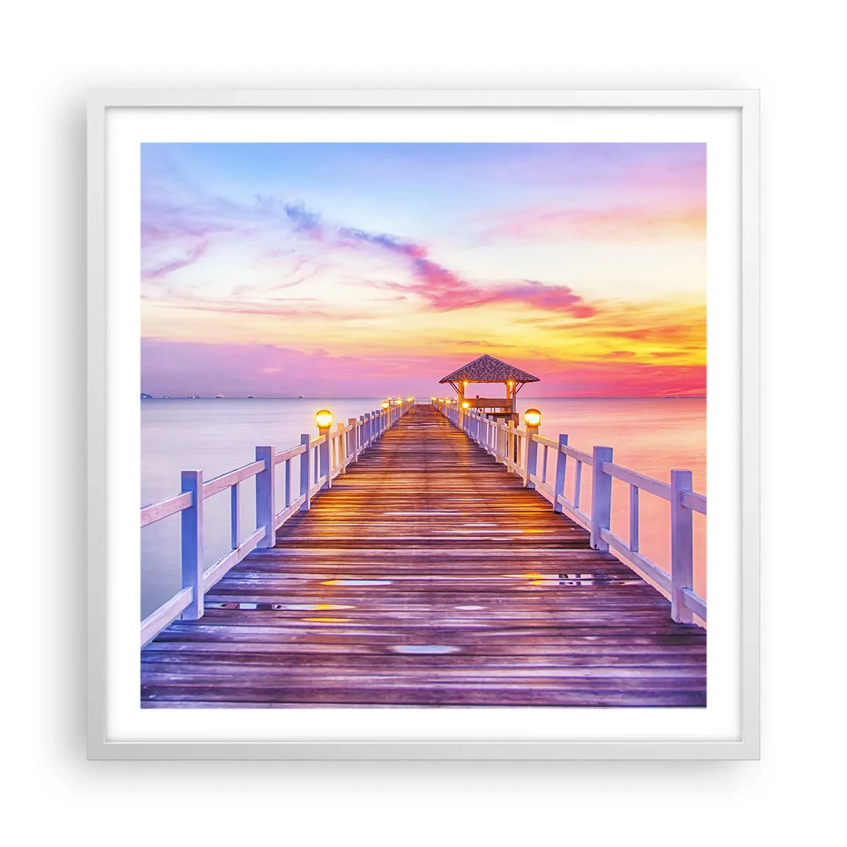 Plakat i hvid ramme - Lilagylden stilhed om aftenen - 60x60 cm