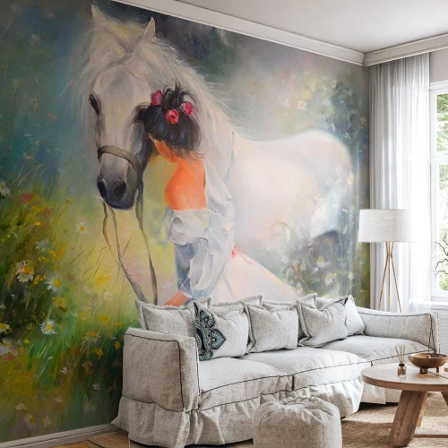 Fototapet Premium Sand - Som fra en smuk drøm - Kvinde, Hest, Eng - 100x70 cm