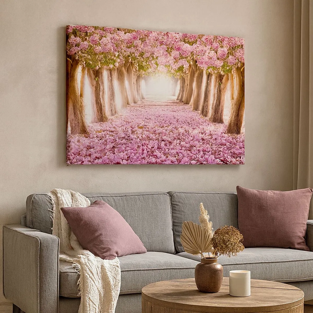 Lærredstryk - Billede på lærred - En allé med blomstrende træer i lyserøde nuancer - 70x50cm - Vejen til paradis - Moderne vægdekoration til stue og soveværelse ARTTOR