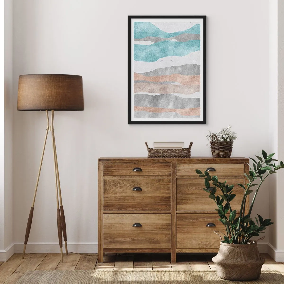 Plakat i sort ramme - Minimalistiske bølger i nuancer af blå og beige - 50x70cm - En undersøgelse af intimitet - Moderne vægdekoration til stue og soveværelse ARTTOR