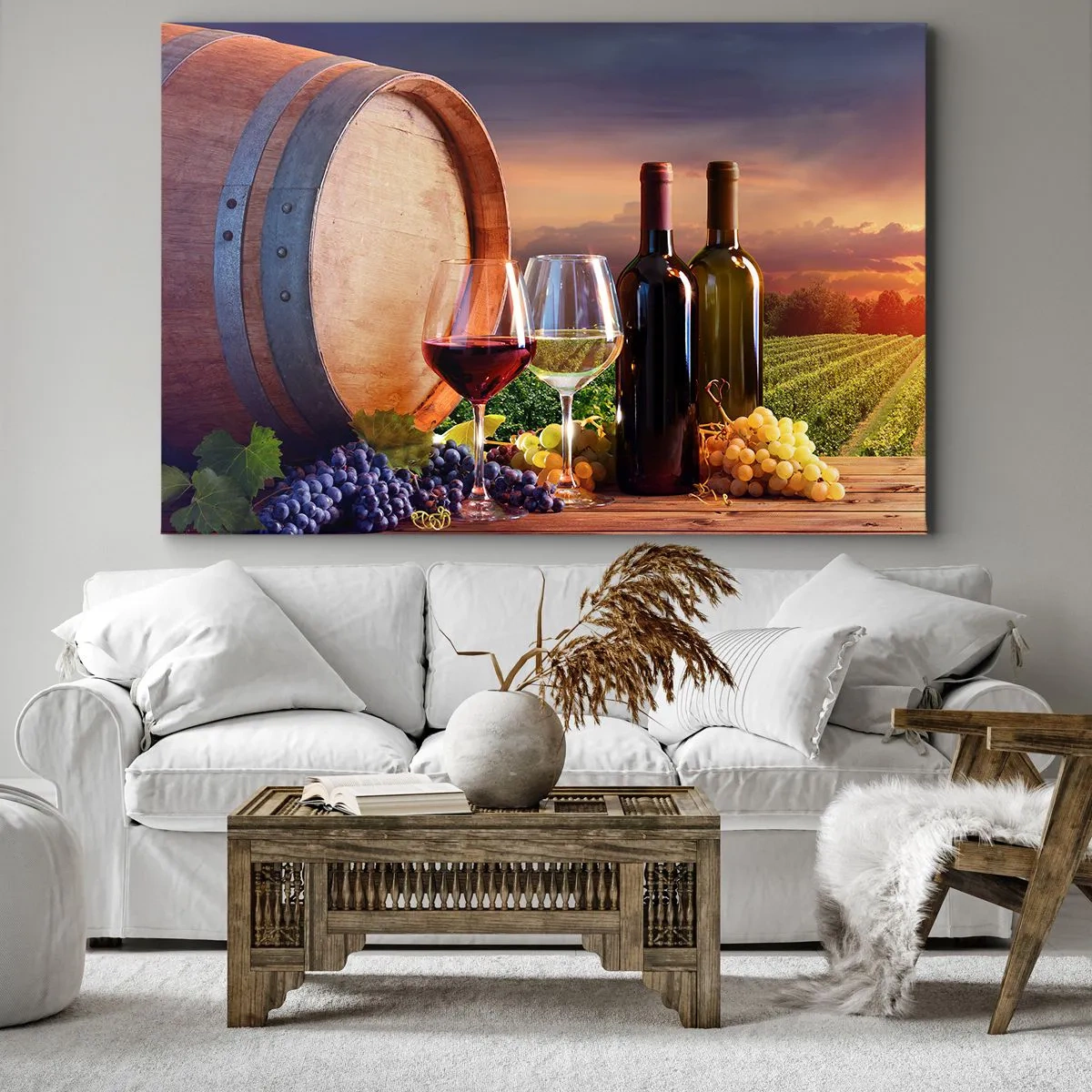 Lærredstryk - Billede på lærred - Vin, glas og en tønde i et malerisk landskab - 70x50cm - Livet har smag her - Moderne vægdekoration til stue og soveværelse ARTTOR