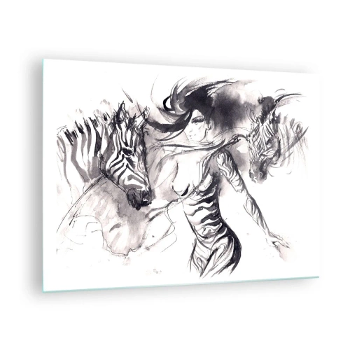 Billede på glas - Sort-hvid komposition med en kvinde og en zebra i kunstnerisk stil - 70x50cm - Danser med zebraer - Moderne vægdekoration til stue og soveværelse ARTTOR