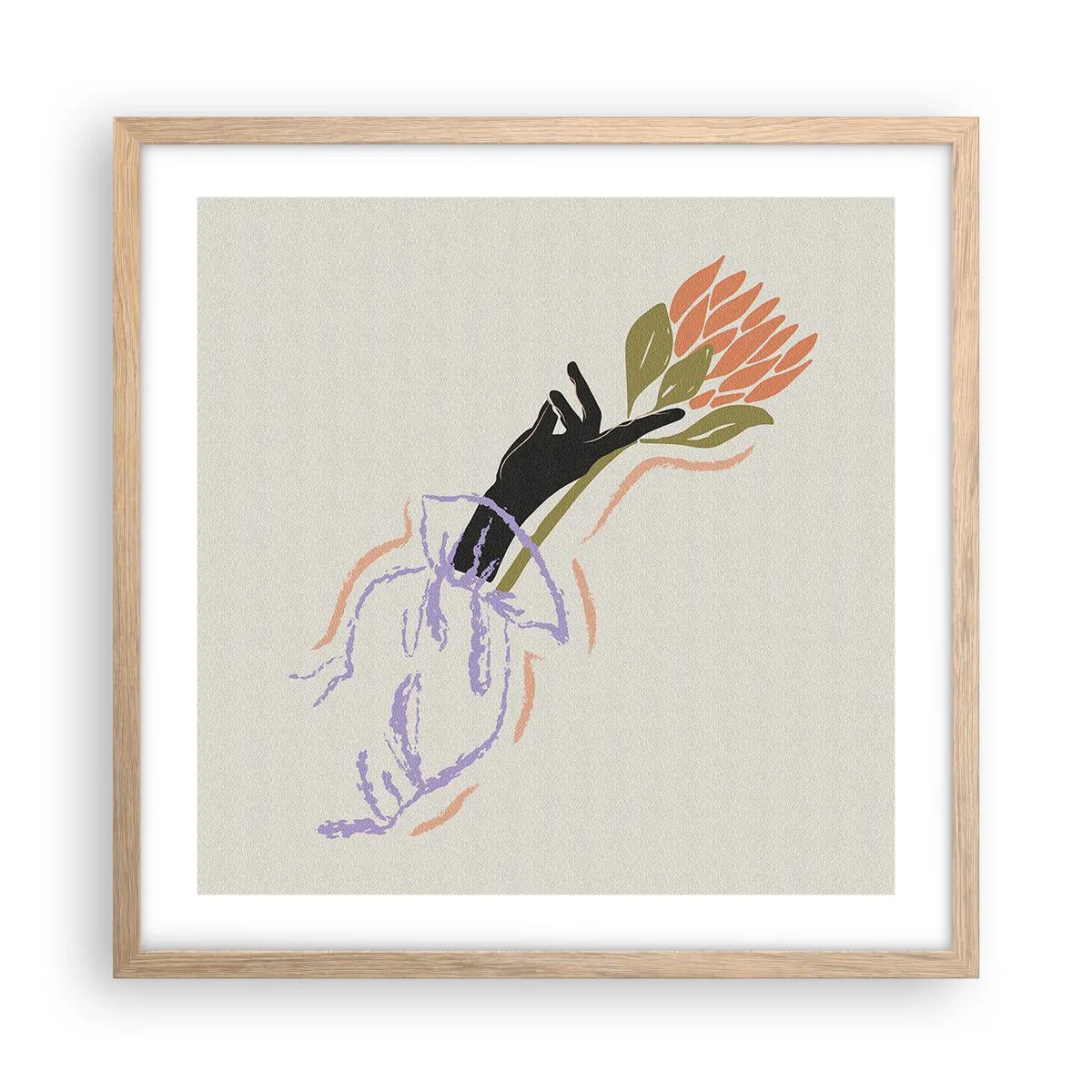Plakat i ramme af lyst egetræ - En søsterlig berøring - 50x50 cm