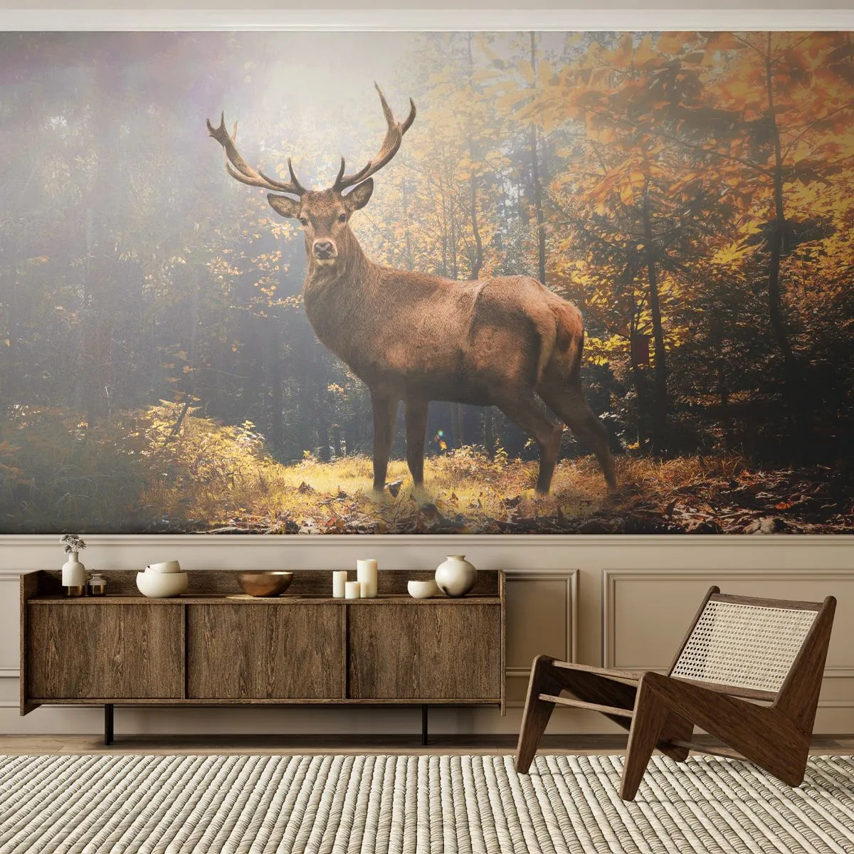 Fototapet Premium Sand - I fuld majestæt - Landskab, Hjort, Skov - 100x70 cm