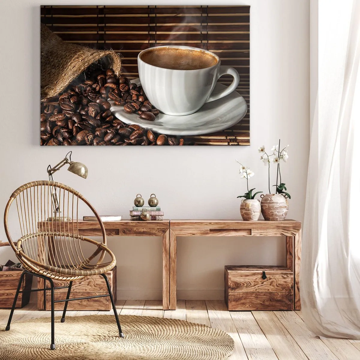 Lærredstryk - Billede på lærred - En kop kaffe med bønner på en bambusbaggrund - 70x50cm - Kulets sorthed, ravets gennemsigtighed - Moderne vægdekoration til stue og soveværelse ARTTOR