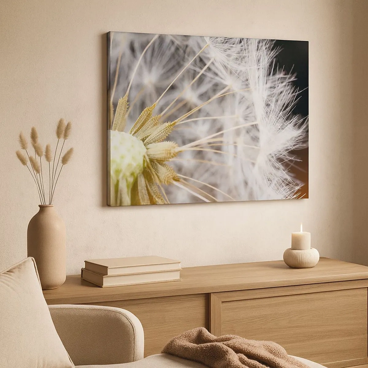 Lærredstryk - Billede på lærred - Makrofotografi af en mælkebøtte med fine frø - 70x50cm - Lige før afrejse - Moderne vægdekoration til stue og soveværelse ARTTOR