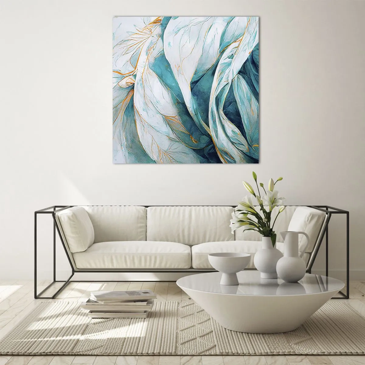 Billede på glas - Blå abstraktion med et guldmotiv - 70x70 cm