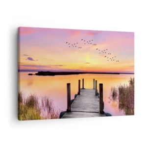 Lærredstryk - Billede på lærred - En mole ved en sø ved solnedgang med fugle på himlen - 70x50cm - Violet stille daggry - Moderne vægdekoration til stue og soveværelse ARTTOR