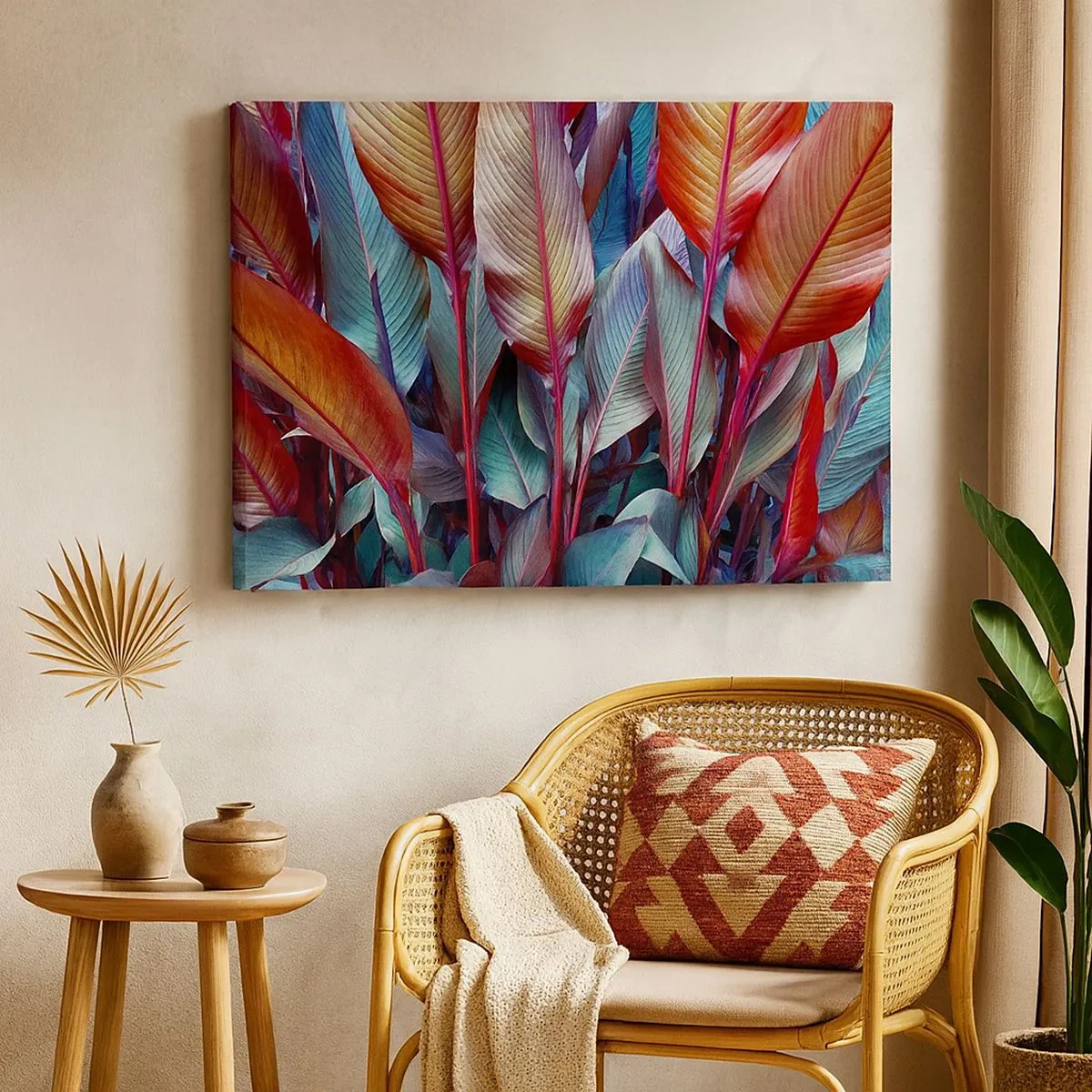 Lærredstryk - Billede på lærred - Farverige blade af tropiske planter i krattet - 70x50cm - Farverigt krat - Moderne vægdekoration til stue og soveværelse ARTTOR