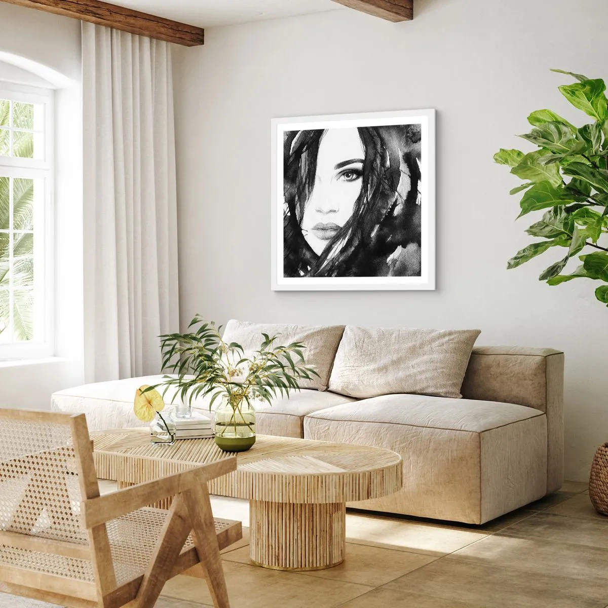 Plakat i hvid ramme - Portræt af en dame i sort og hvidt - 60x60 cm