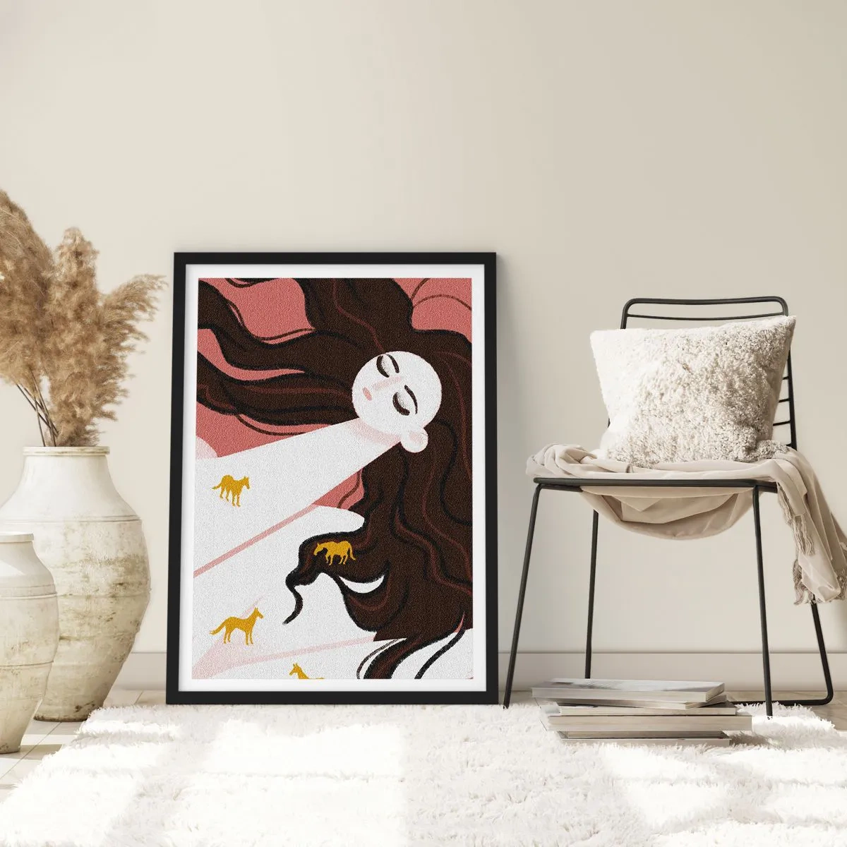 Plakat i sort ramme - En drømmende kvinde med langt hår og gyldne heste - 50x70cm - Drøm om en gylden hest - Moderne vægdekoration til stue og soveværelse ARTTOR