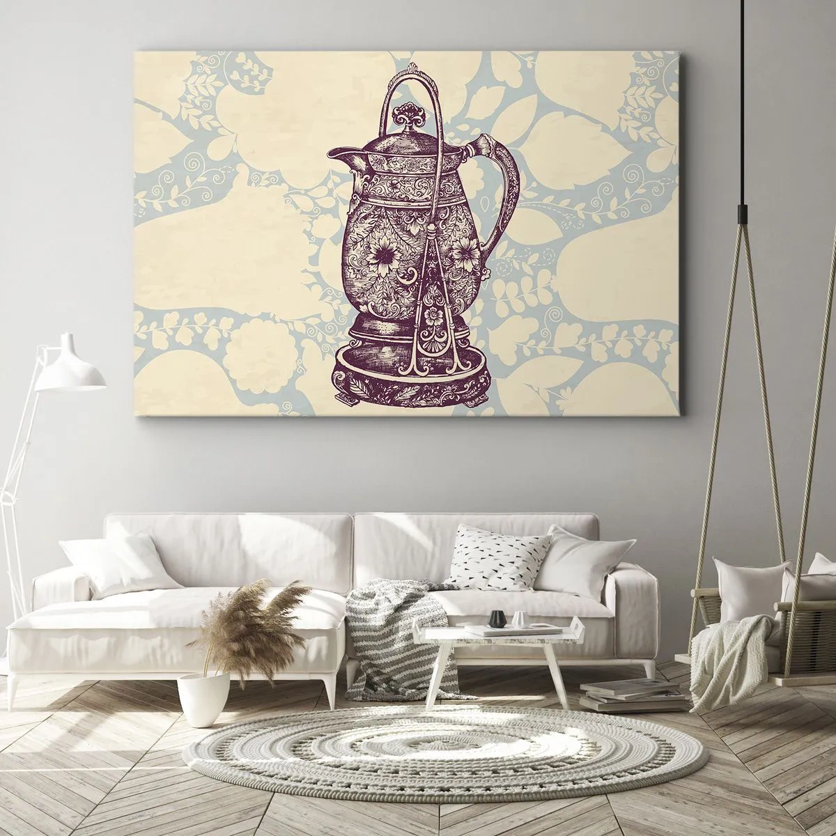 Lærredstryk - Billede på lærred - Stiliseret kande med ornamenter på en blomsterbaggrund - 70x50cm - Skønheden i hverdagslivet - Moderne vægdekoration til stue og soveværelse ARTTOR