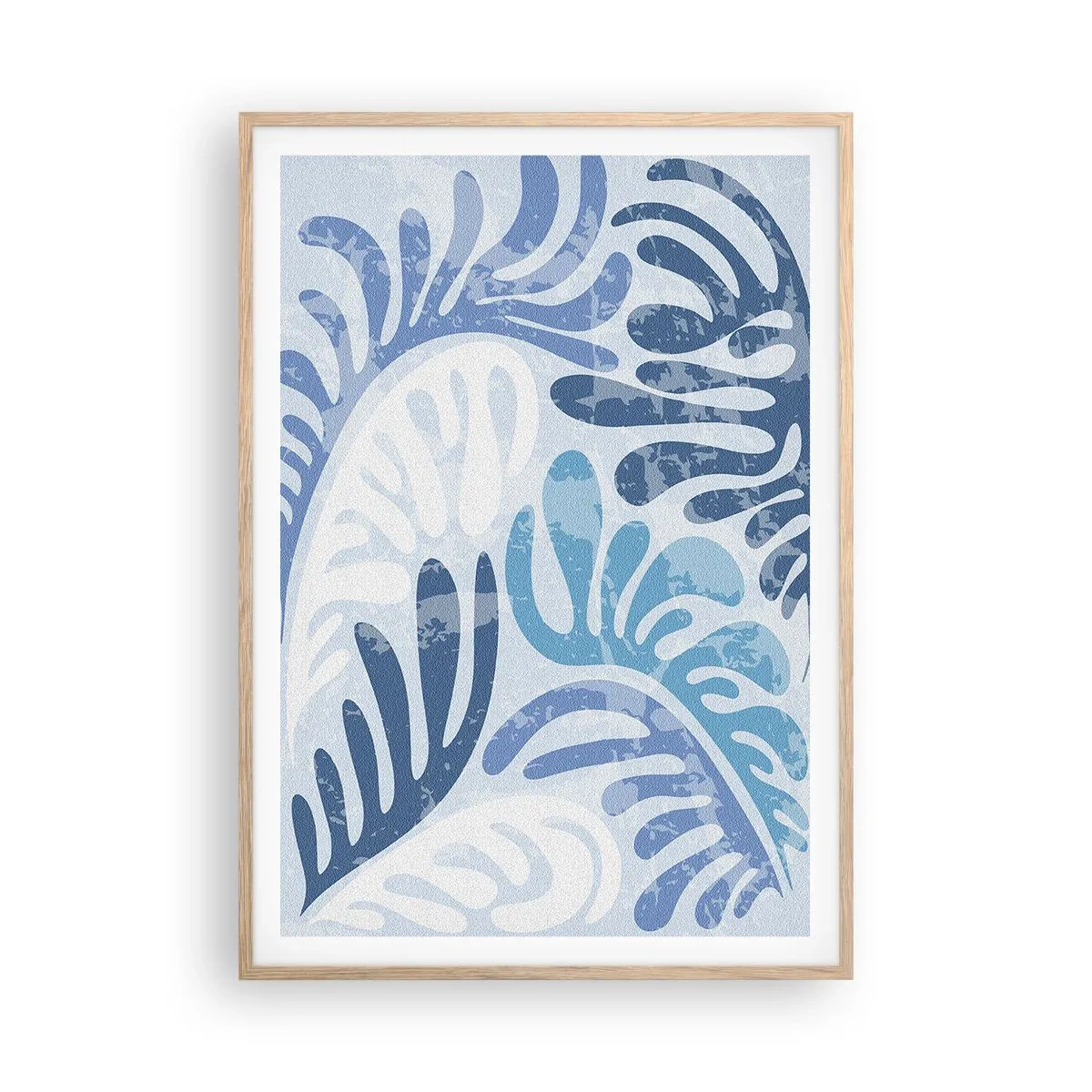 Plakat i ramme af lyst egetræ - Blå bregner - 70x100 cm