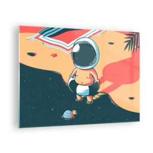 Billede på glas - Astronautfigur på en strand med et kosmisk landskab - 70x50cm - Fra et andet perspektiv - Moderne vægdekoration til stue og soveværelse ARTTOR