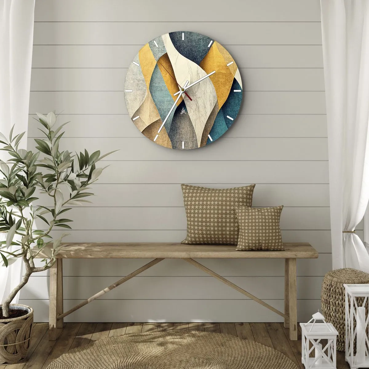 Vægur, Uret - Geometriske bølger i guld, marineblå, turkis og beige - 30x30cm - Rytme og bølger - Moderne vægdekoration til stue, køkken og soveværelse ARTTOR