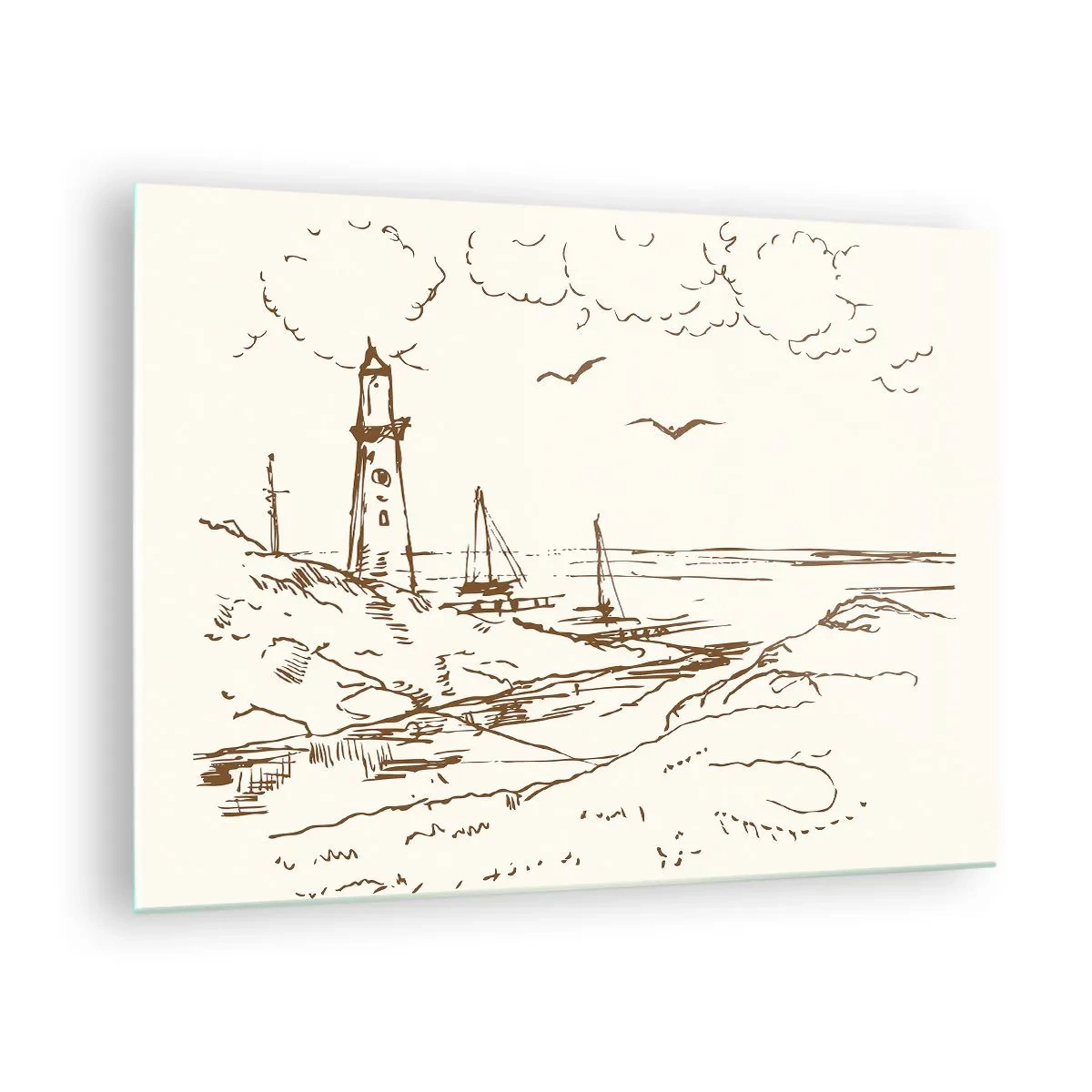 Billede på glas - Skitse af et fyrtårn i et kystlandskab - 70x50cm - Oversigt over sommerminder - Moderne vægdekoration til stue og soveværelse ARTTOR