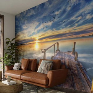 Fototapet Premium Sand - Vinden går til ro - Landskab, Sø, træbro - 100x70 cm