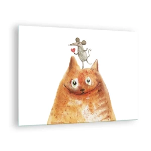 Billede på glas - En kat med en mus på hovedet i humoristisk stil - 70x50cm - Kærlighedens paradokser - Moderne vægdekoration til stue og soveværelse ARTTOR