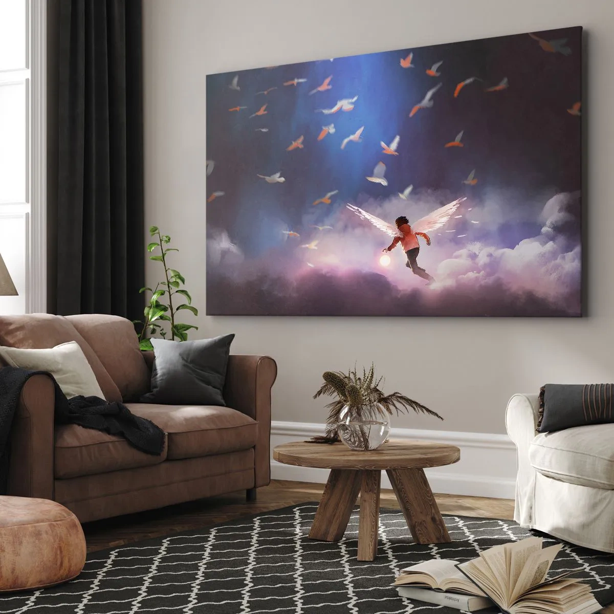 Lærredstryk - Billede på lærred - En figur med englevinger, der svæver blandt fugle på himlen - 70x50cm - Det kræver fantasi og mod - Moderne vægdekoration til stue og soveværelse ARTTOR