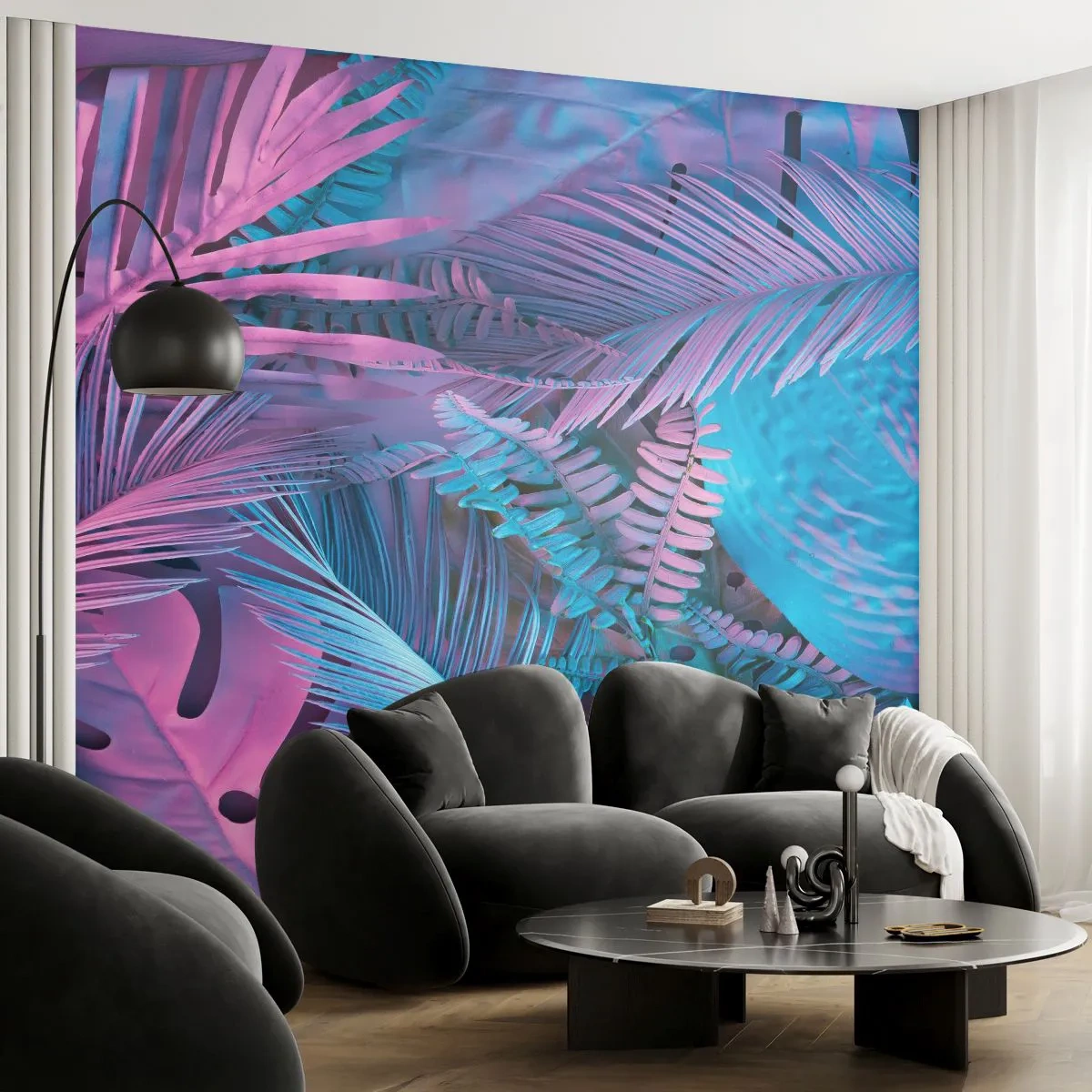 Fototapet Premium Canvas - Troperne i lyserød og blå - Abstraktion, Blade, Tropisk plante - 200x140 cm