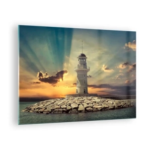Billede på glas - Et fyrtårn mod baggrunden af den nedgående sol - 70x50cm - Lys - Godhed - Skønhed - Moderne vægdekoration til stue og soveværelse ARTTOR