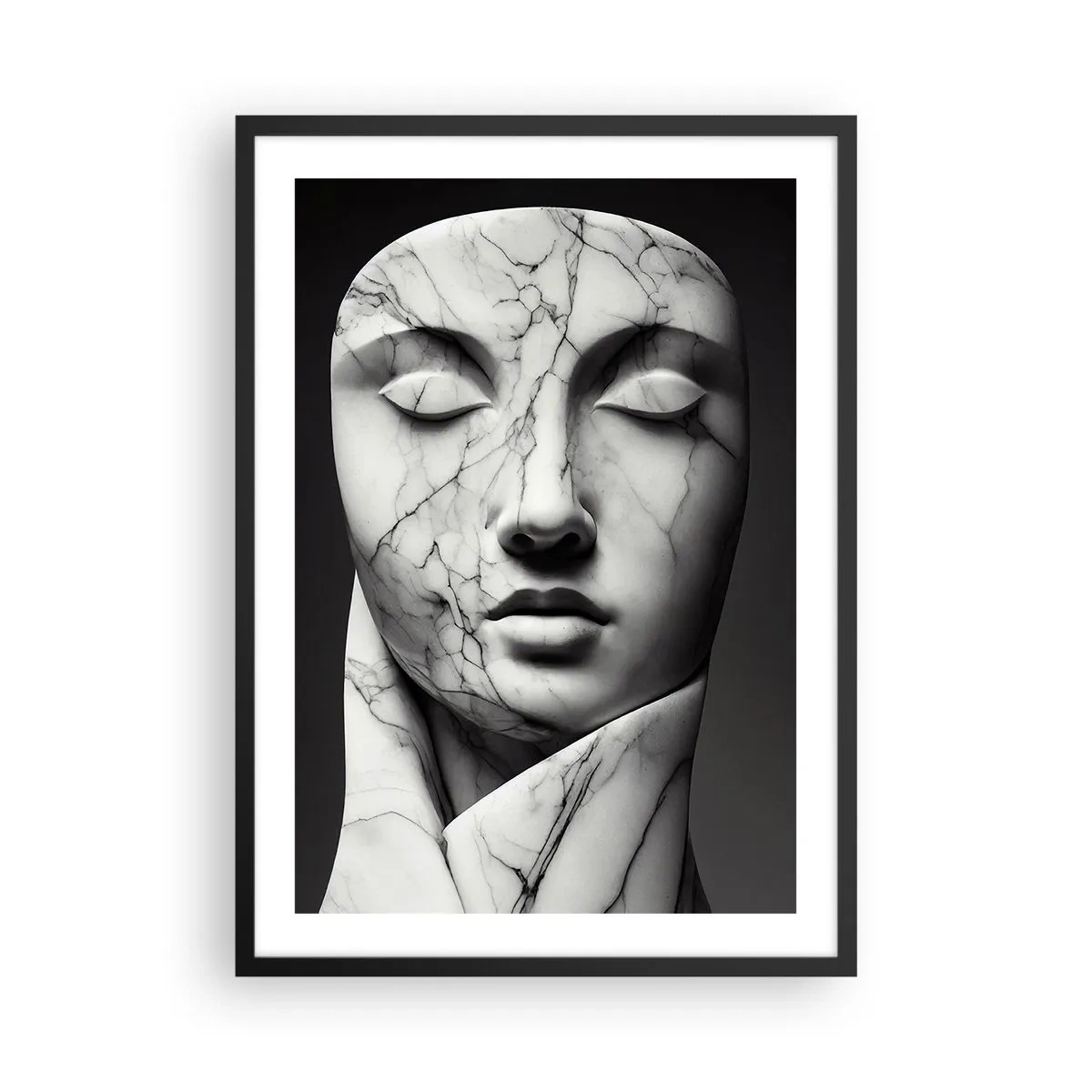Plakat i sort ramme - Marmorskulptur ansigt med lukkede øjne på en sort baggrund - 50x70cm - Former af marmor - Moderne vægdekoration til stue og soveværelse ARTTOR