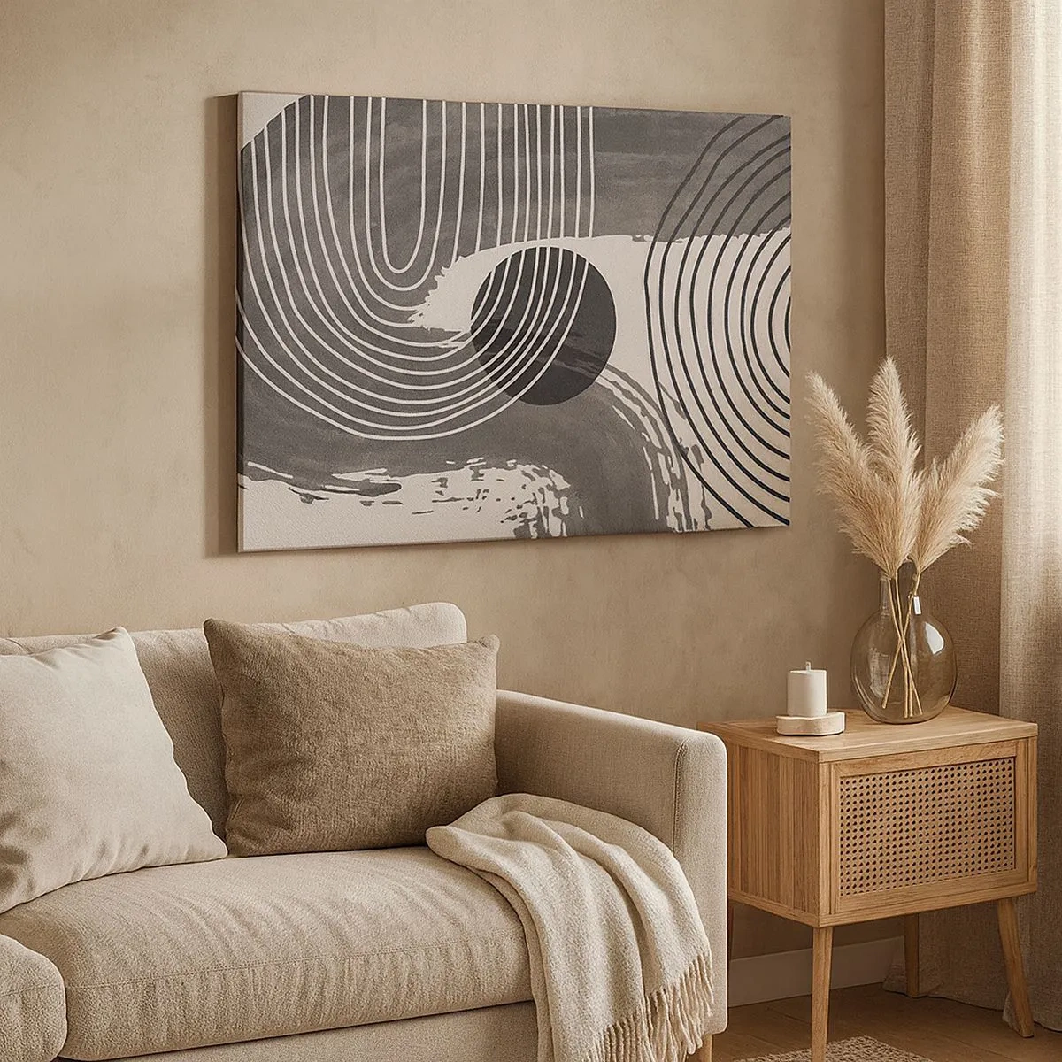 Lærredstryk - Billede på lærred - Geometriske linjer og ovaler i monokromatiske nuancer - 70x50cm - Oval vinder - Moderne vægdekoration til stue og soveværelse ARTTOR