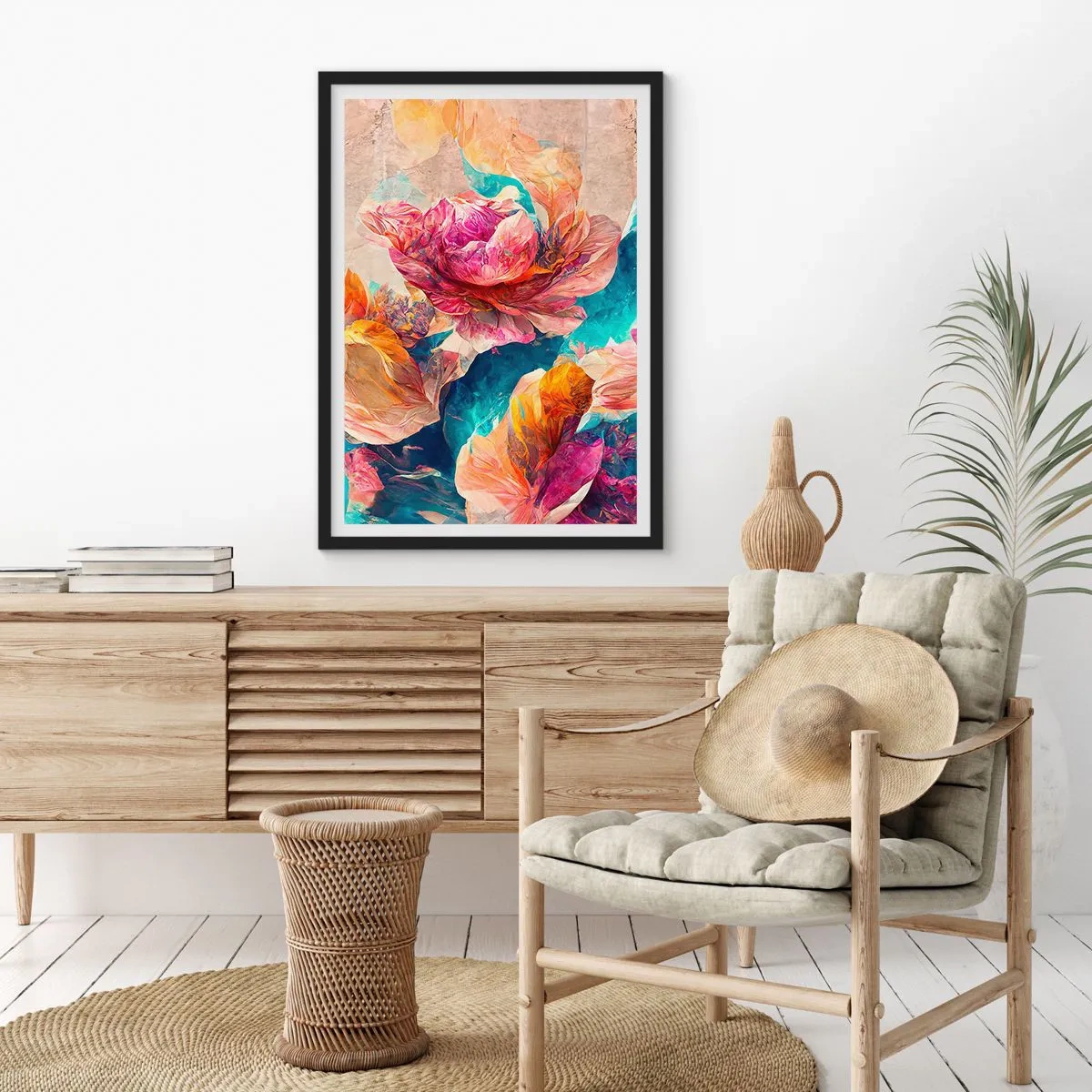 Plakat i sort ramme - Abstrakte blomster i nuancer af lyserød og turkis - 50x70cm - Den farverige pragt i en buket - Moderne vægdekoration til stue og soveværelse ARTTOR