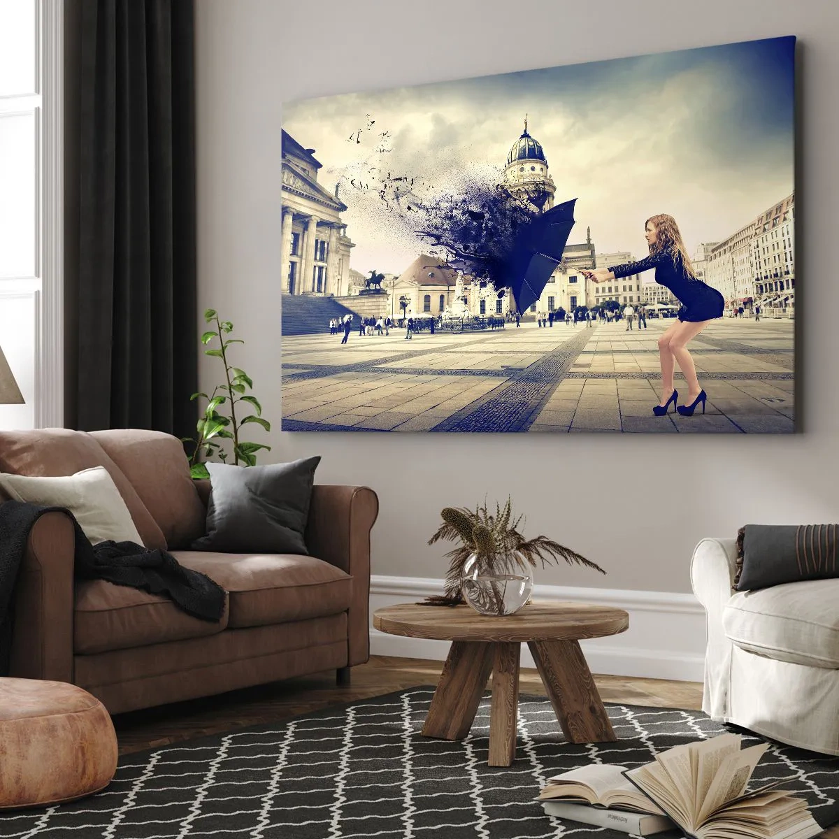 Lærredstryk - Billede på lærred - En kvinde med en paraply i en kunstnerisk komposition mod en bymæssig baggrund - 70x50cm - Der er en sådan vind... - Moderne vægdekoration til stue og soveværelse ARTTOR