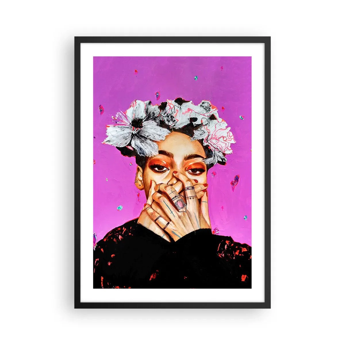 Plakat i sort ramme - Et udtryksfuldt portræt af en kvinde mod en intens lyserød baggrund. - 50x70cm - En smule skør - Moderne vægdekoration til stue og soveværelse ARTTOR