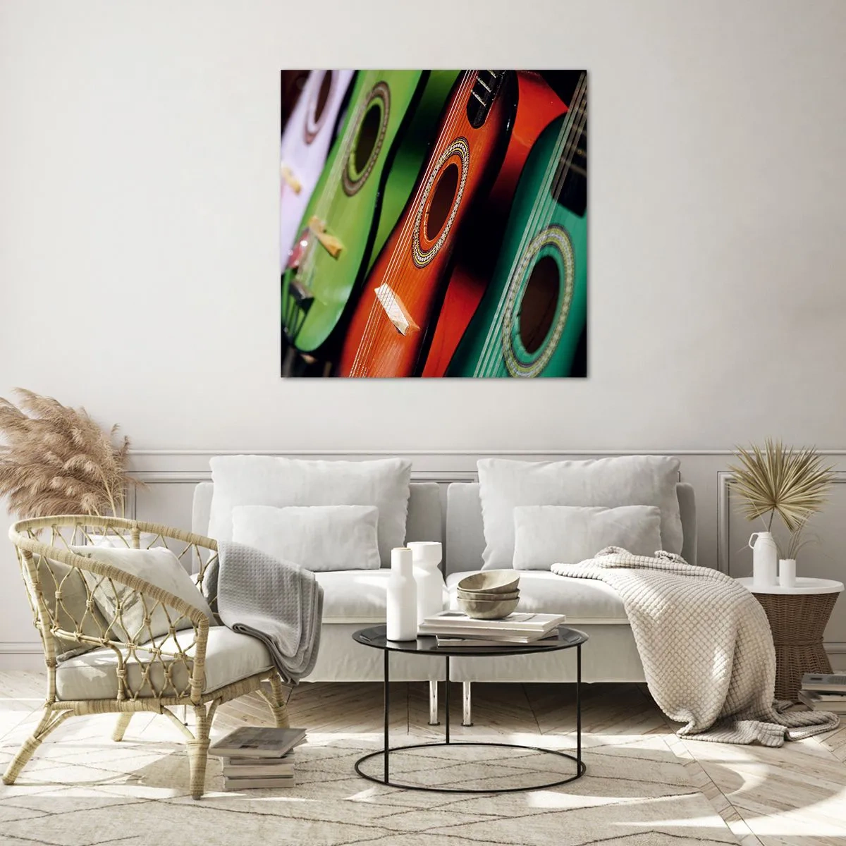 Billede på glas - Guitaren har mange farver - 70x70 cm