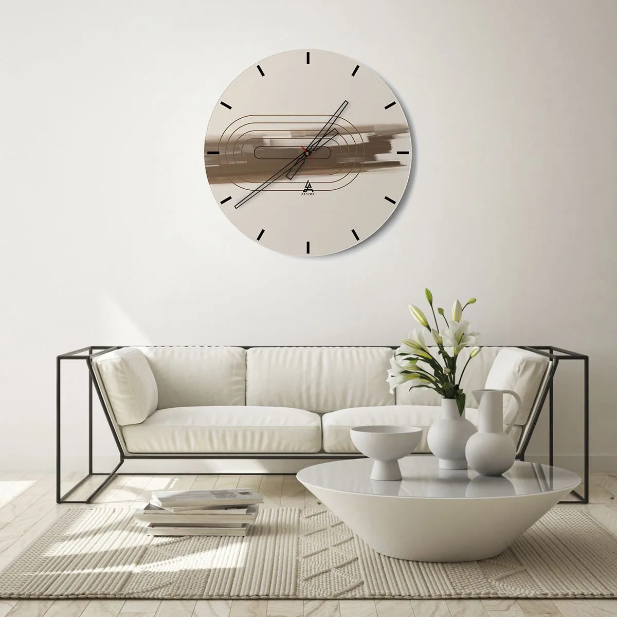 Vægur, Uret - Et minimalistisk mønster med linjer og en beige baggrund. - 30x30cm - Et pust af gråvejr - Moderne vægdekoration til stue, køkken og soveværelse ARTTOR