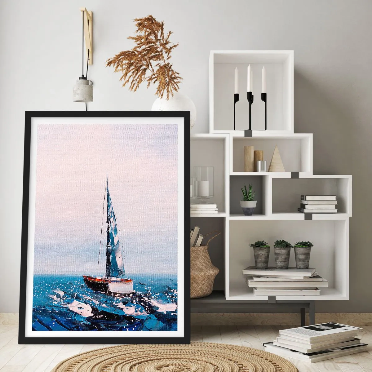 Plakat i sort ramme - En sejlbåd på et stormfuldt hav i malerisk stil - 50x70cm - Vindens broderskab - Moderne vægdekoration til stue og soveværelse ARTTOR